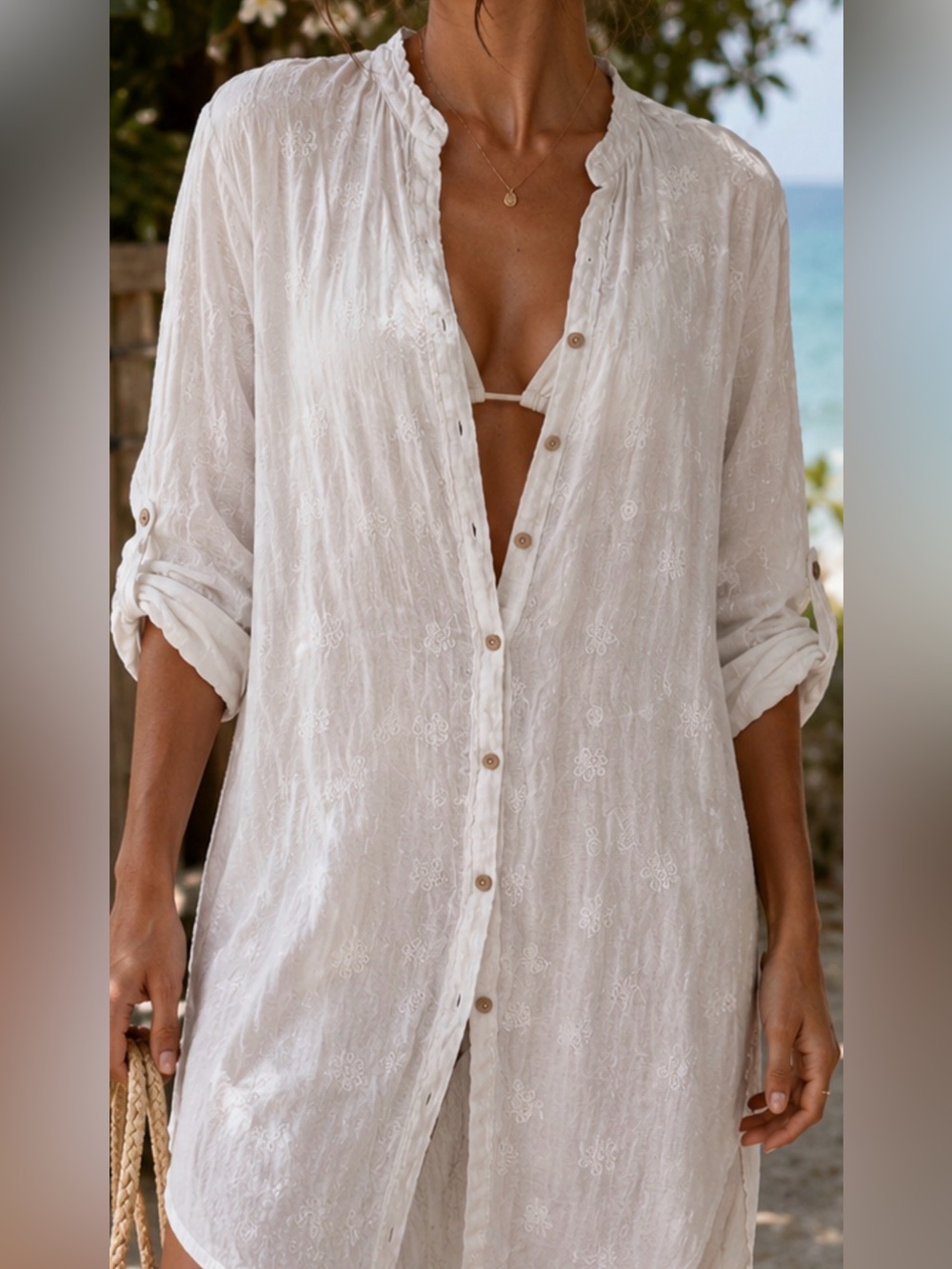 White Embroidered Button-Front Beach Cover-Up